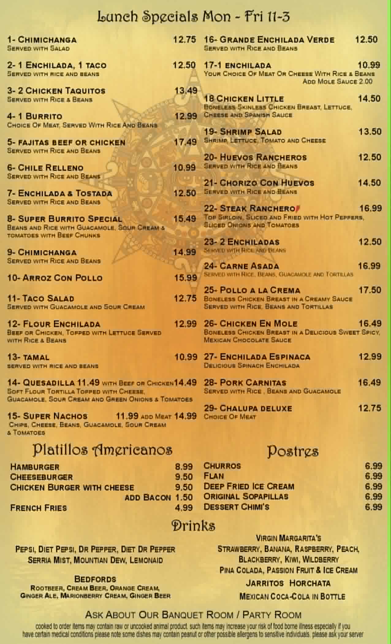 Sergios Hacienda - Lunch Menu (2026)